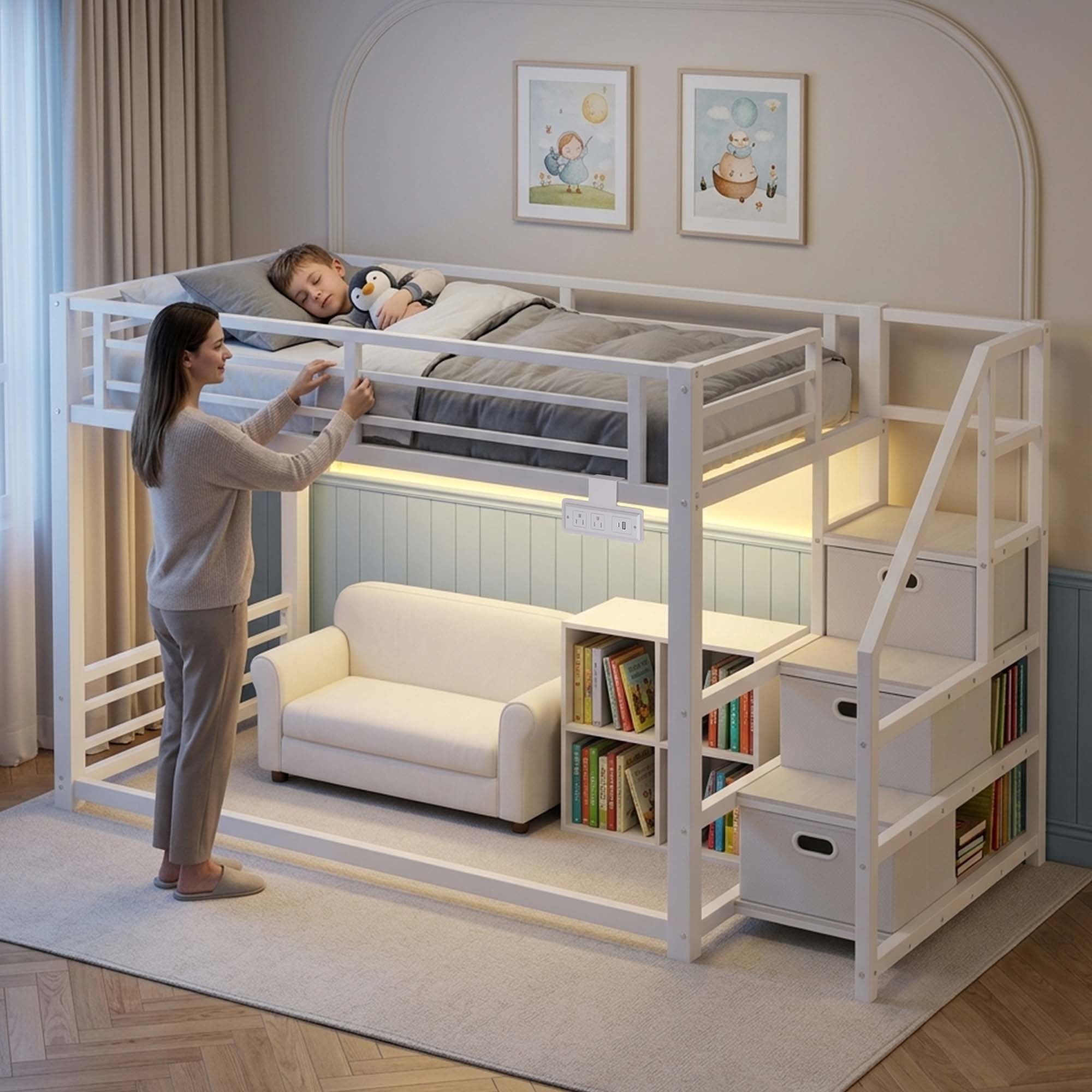 Twin Over Twin Bunk Bed with Storage Stairs, Movable Charging Station and LED Lights, White