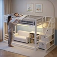thumbnail image 2 of Twin Over Twin Bunk Bed with Storage Stairs, Movable Charging Station and LED Lights, White, 2 of 9