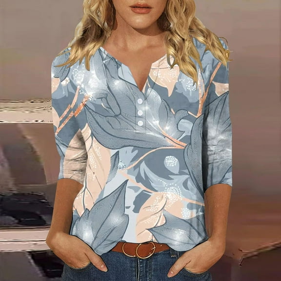 Sentmoon Casual Tops for Women 3/4 Length Sleeve Button V Neck Stretchy Tee Shirts Flower Print Loose Blouses 2025 Summer Fashion for Business Travel XXL