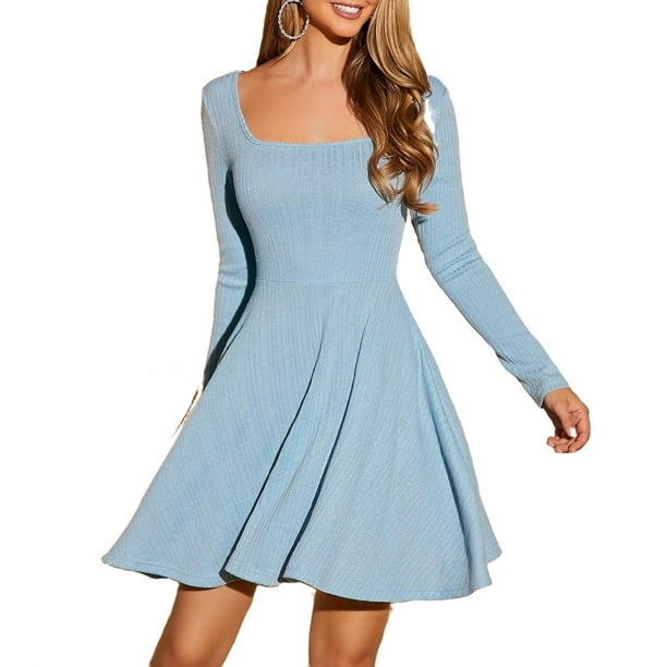 Philadelphia Match Utrolig Elegant Solid Square Neck Fit and Flare Dress Long Sleeve Baby Blue  (Women's Dresses) - Walmart.com