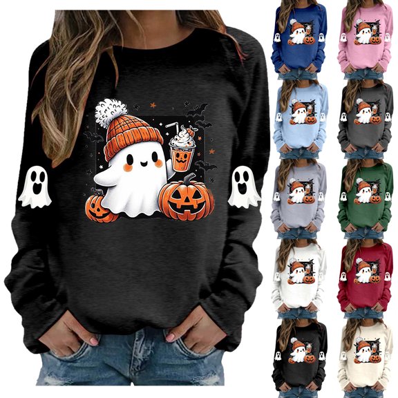 WEIWEN Halloween Sweaters for Women 2026 Cute Ghost Drinking Coffee Pumpkin Halloween Sweatshirts for Women Long Sleeve Shirts Women's Clothing Fall Outfits Grey, S