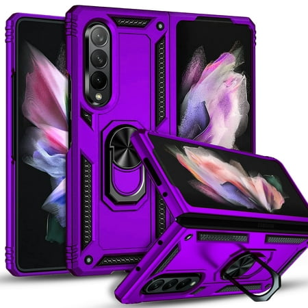 Starshop Case for Samsung Galaxy Z Fold 3 Drop Protection Ring Kickstand Cover- Purple