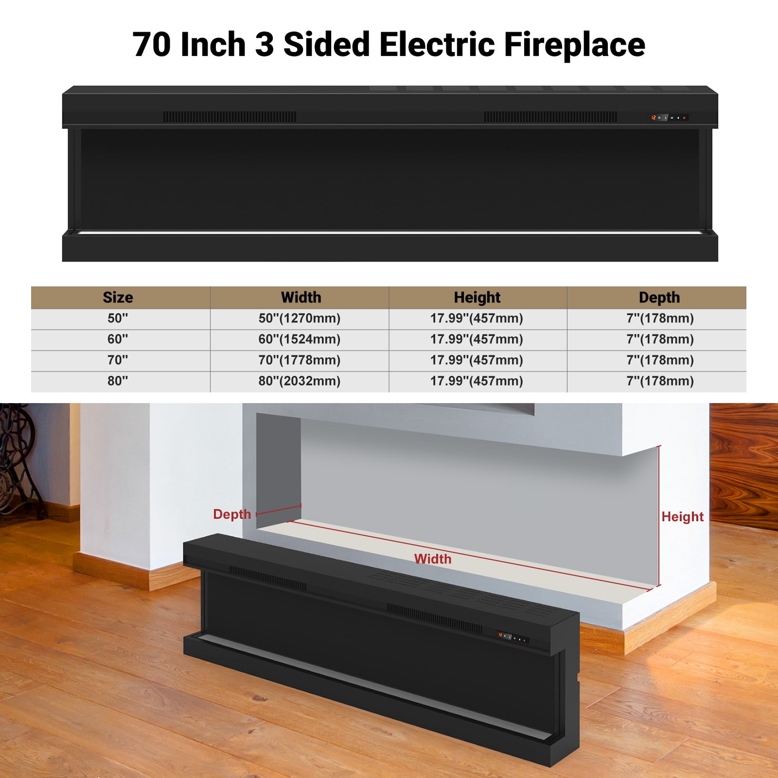 70 inch 3 Sided Glass Electric Fireplace with Touchscreen, APP & Remote Control, Smart Build-in Fire Places Heater 1500W with Multi-Color Flames, Cracking Sound, Timer
