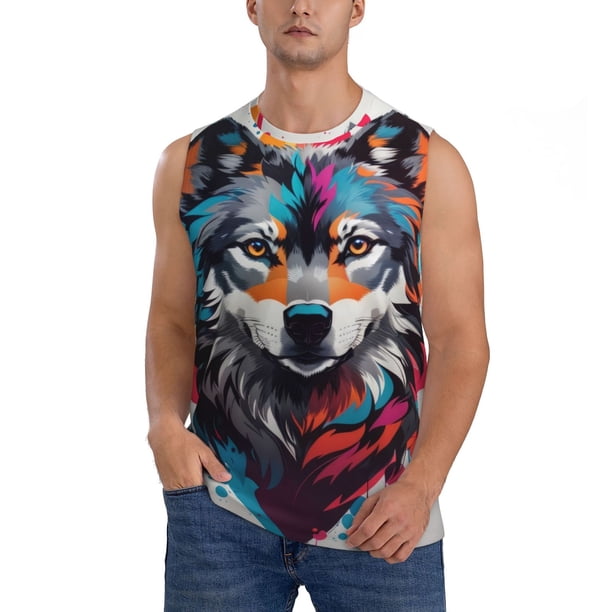 Fotbe Tie-Dye Wolf Head Men's Camiseta sin Mangas Estampada para Hombres, Playera Casual para Gimnasio, Entrenamiento, Playa-XX-Large