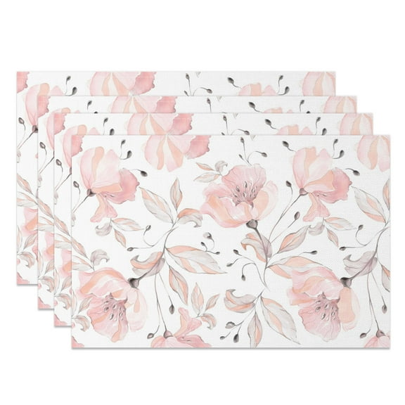 SUNOLIFE Pink Floral Placemats Set of 4,Watercolor Flowers Table Mats Decorations 12x18 inch