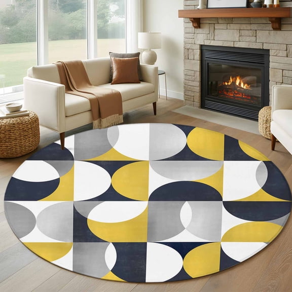 8ft Round Rug, Modern Yellow, Non-Skid Rubber Backing Large Area Rugs - Living Room Bedroom Home Office, Vintage European Geometric Grey Indoor Floor Mat Carpets Washable Rug