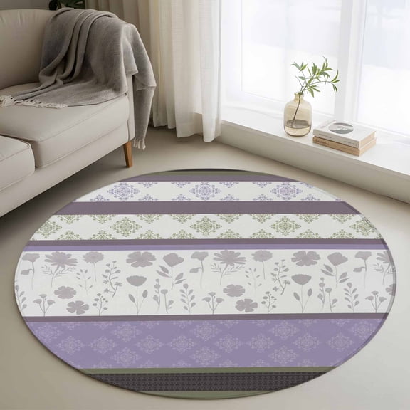 Small Round Rug 3Ft Washable Non-Slip, Purple Geometric Circle Area Rugs for Living Room Bedroom, Stripes Boho Spring Flowers Country Rural Indoor Floor Mats Carpet Runner for Home Decor