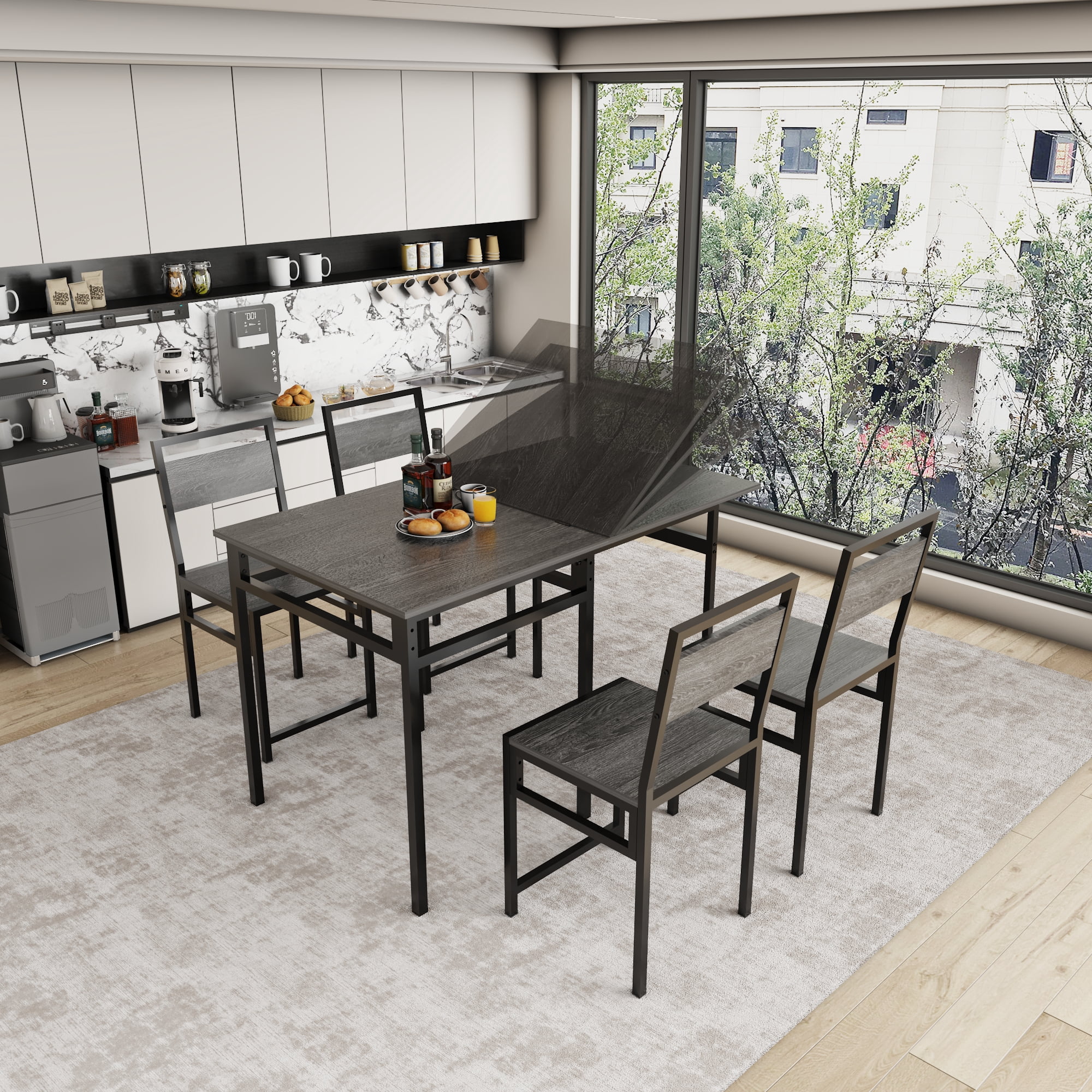 HOQBN Extendable Dining Table Set with 4 Chairs, Industrial Rectangular Kitchen Table,Wood Grain Metal Frame Space Saving Dinner Furniture for Small Family Apartment,Charcoal+Grey