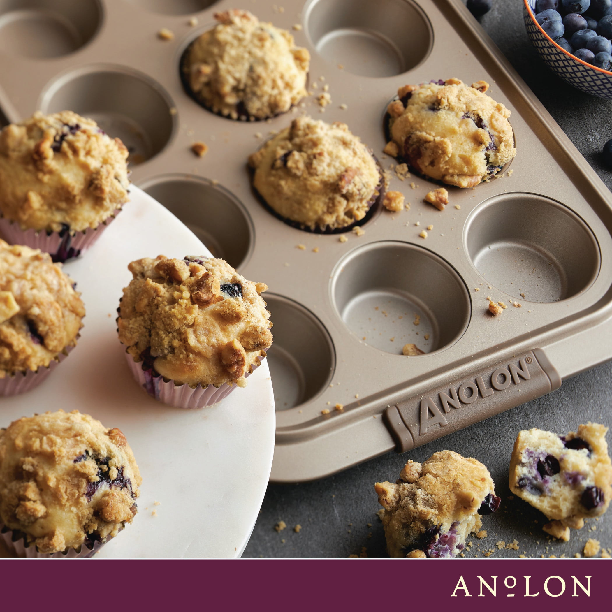 Anolon Advanced Nonstick 12-Cup Muffin Tin With Silicone Grips and Lid /  Nonstick 12-Cup Cupcake Tin With Silicone Grips and Lid - 12 Cup, Gray
