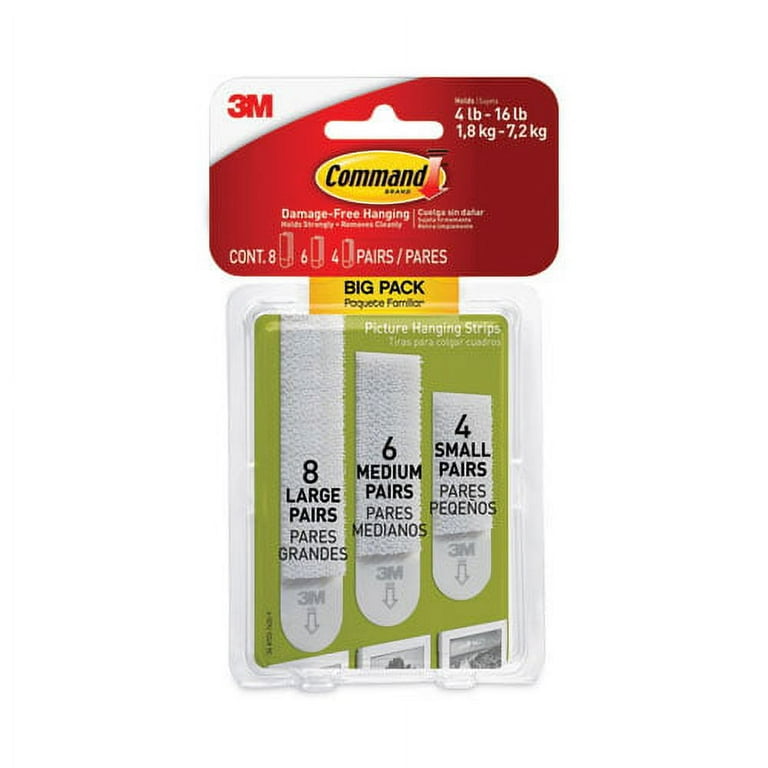 Picture Hanging Strips Big Pack, Removable, (4) Small, (6) Medium, (8) Large, White, 18 Pairs/Pack Picture Hanging Strips Big Pack, Removable, (4) Small, (6) Medium, (8) Large, White, 18 Pairs/Pack
