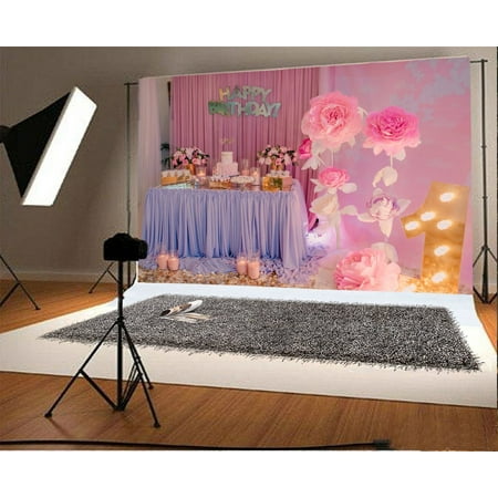 Image of 7x5ft Happy Birthday Backdrop Pink Paper Flowers Cakes Candy Candles Curtain Shining Lights Interior Party Decor Photography Background Girls Boys Photo Studio Props