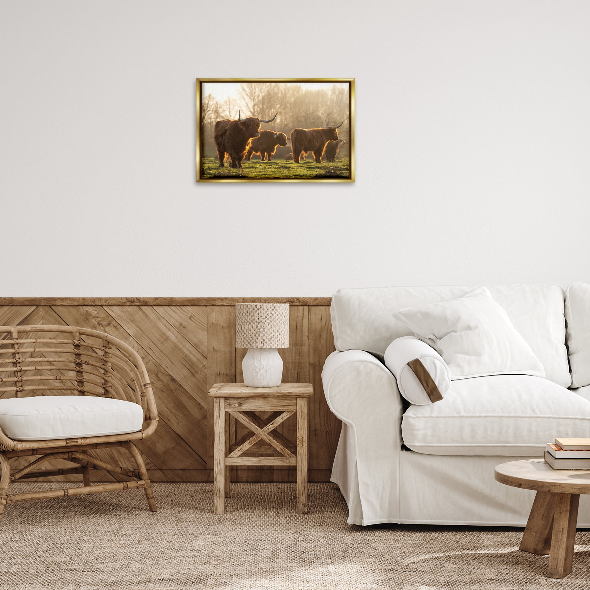 Stupell Industries Longhorns in Foggy Pasture Animals & Insects Photography Gold Floater Framed Canvas Art Print Wall Art, 25 x 17