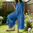 thumbnail image 2 of Vhkiploz A-Line Linen Jumpsuit For Women's One Piece Button Wide Leg Maxi Summer Sweatsuits Beach Vacation Travel Athletic Outfit Sets V-Neck Short Sleeve Solid Outwear Beach Rompers With Pockets, 2 of 7