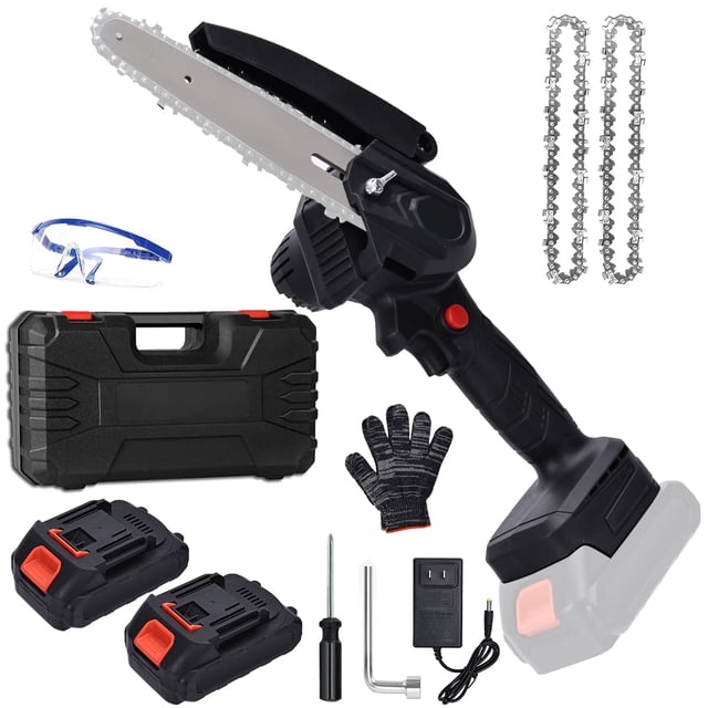 HDJ Mini Motosierra Inalámbrica de 6 Pulgadas con 2 Baterías, Motosierra Eléctrica Portátil con una Sola Mano para Cortar Madera y Podar Ramas de Árboles