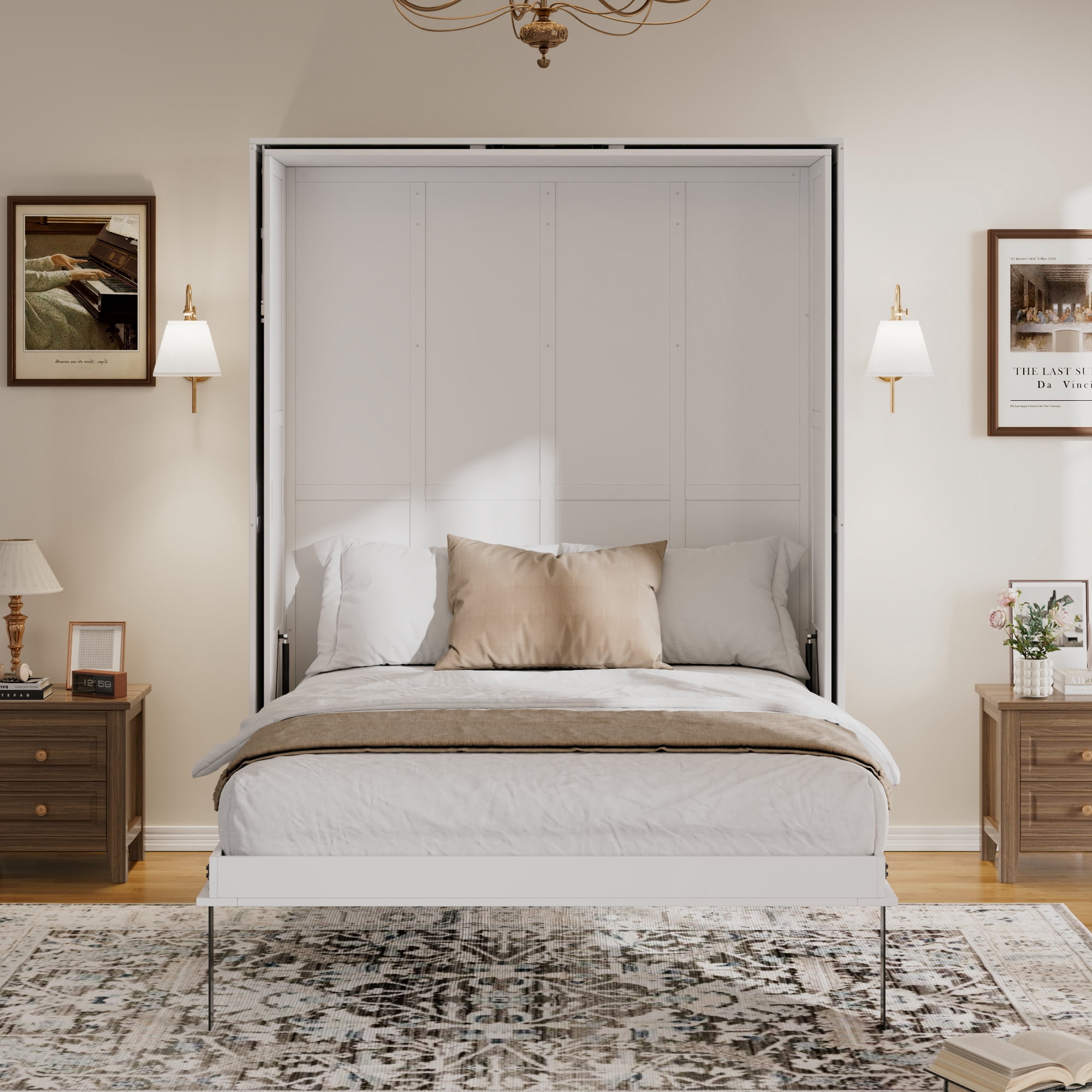 Mintazer Queen Size Murphy Bed with Rotating Door Shelves, Convertible Wall Platform Bed with Bookcase for Home Bedroom Living Room, White