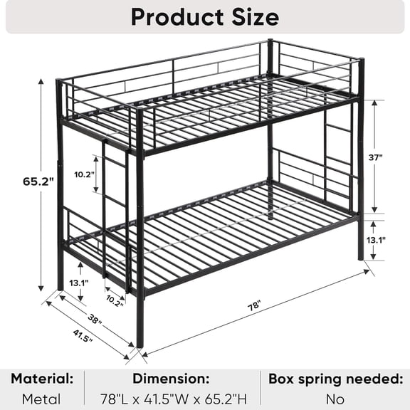 Twin Over Twin Metal Bunk Bed with Trundle Heavy Duty Frame and Safety Rails