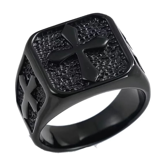 PAURO Men's Stainless Steel Cross Signet Band Ring Christian Cross Ring Religious Jewellery Black Size 7