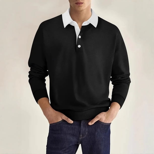Blusa y camisa de manga larga con cuello vuelto para hombre, blusa de color liso con botones y solapa, blusa de poliéster para hombre