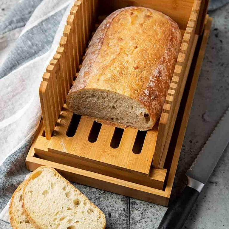 Bamboo Bread Slicer with Knife - 3 Slice Thickness, Foldable