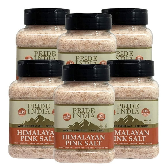Pride Of India - PACK of 6 - Dark Himalayan Pink Salt - Enriched w/ 84  Natural Minerals, Fine Grind 1 Pound (16 oz) Dual Sifting Jar - Easy Flow Granules - No Grinding Needed, Unrefined