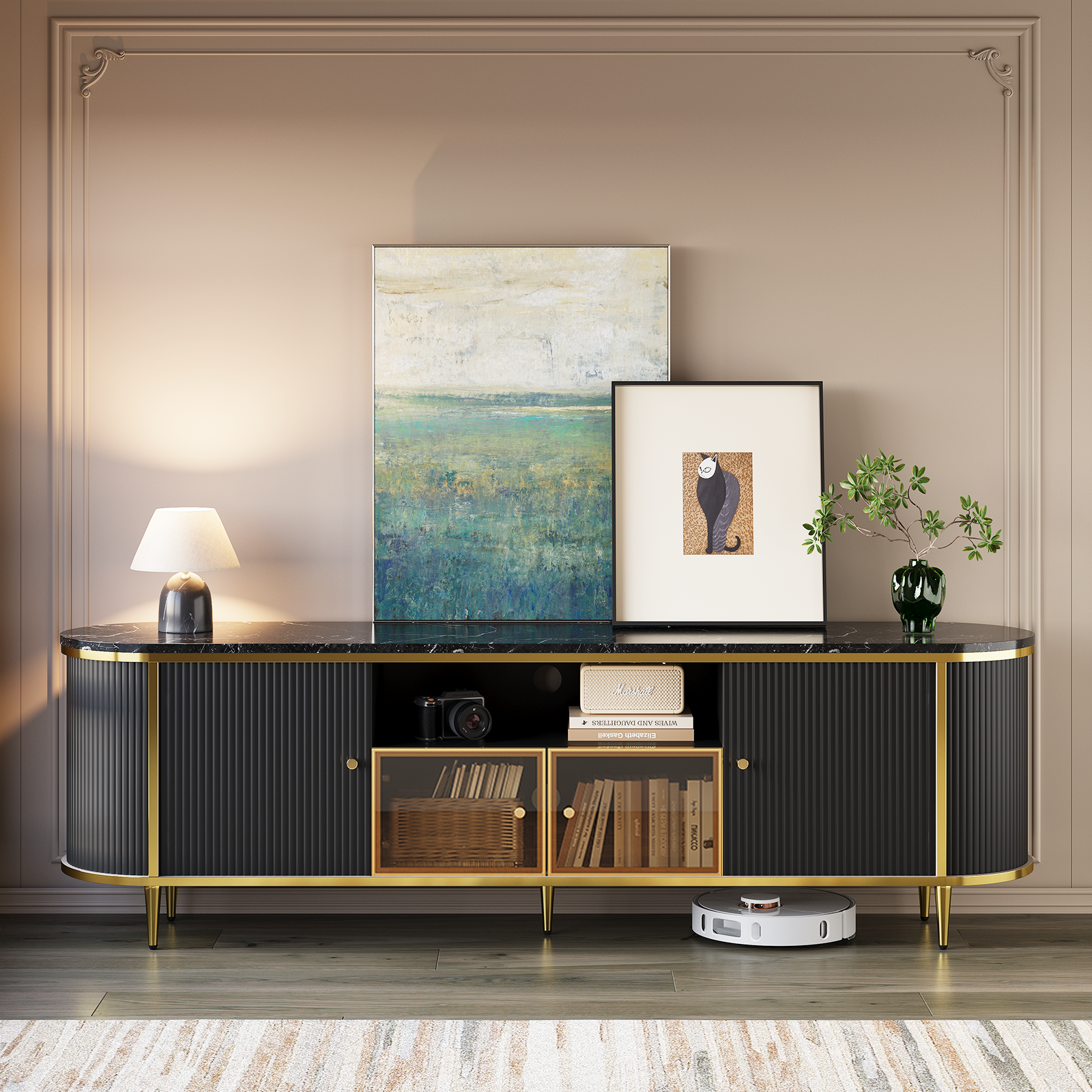 BaPiPro 70" Modern Chic TV Stand with Multi-Storage Cabinets & Glass Doors, Entertainment Center for Living Room, Black
