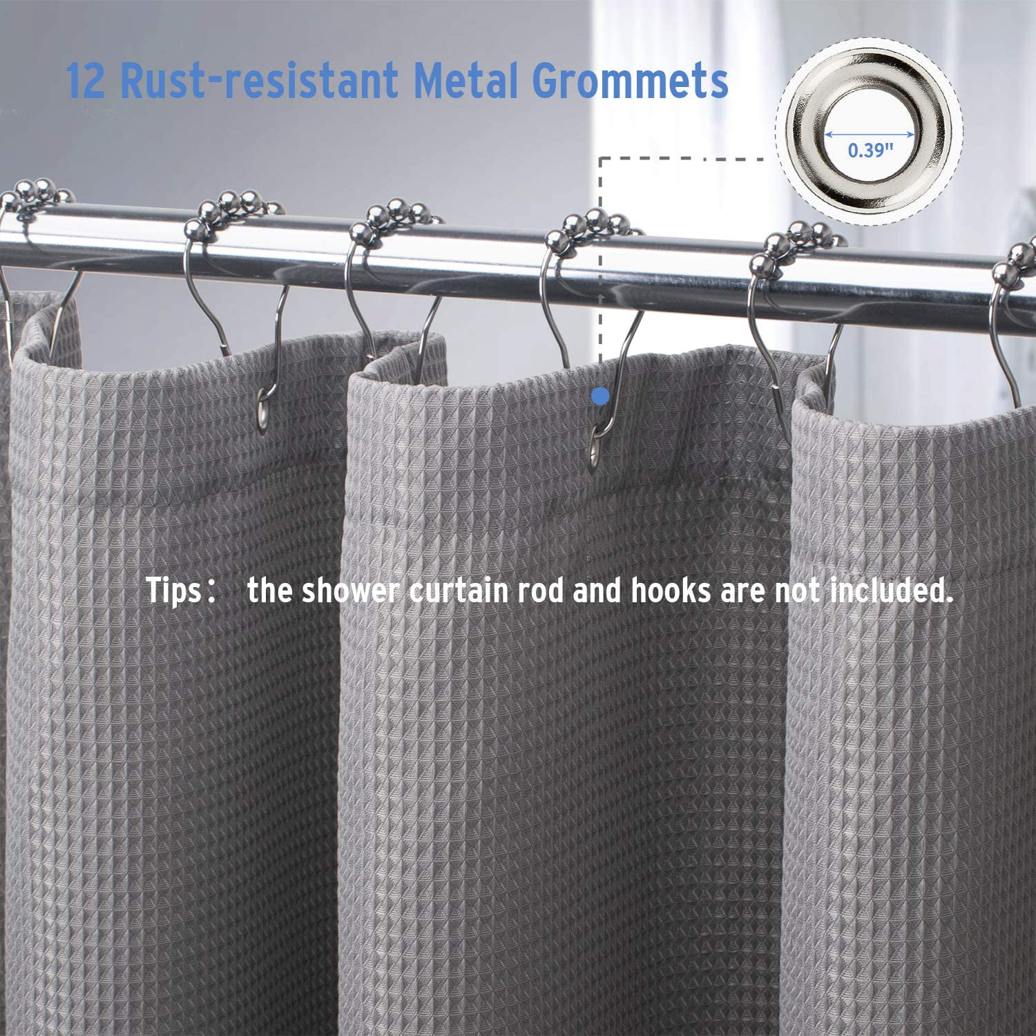 Fabric Shower Curtain with Waffle Weave and Rust-Proof Metal Grommets 72”x72” 