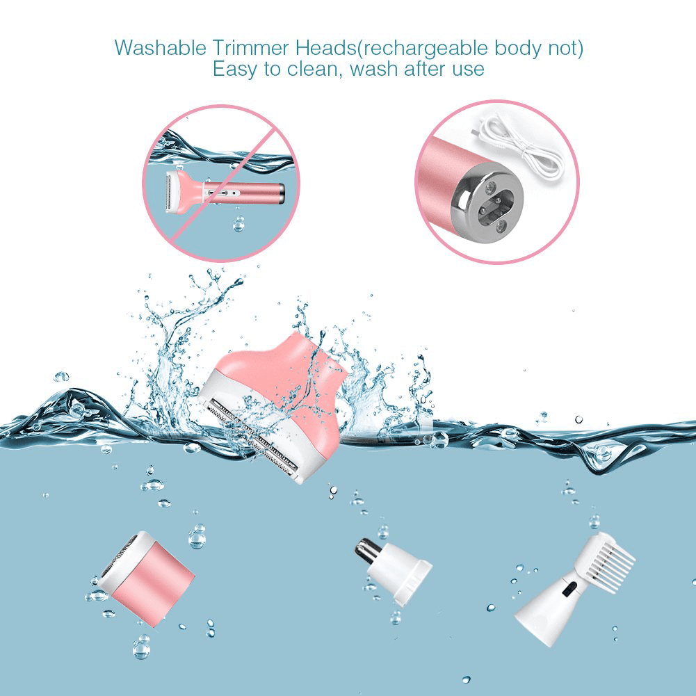Electric Shaver for Women, 5 in 1 Rechargeable Razor Waterproof Painless Epilator Nose Hair Removal Remover Facial Body Bikini Eyebrow Beard Sideburn Mustache Trimmer Clipper Grooming Groomer Kit