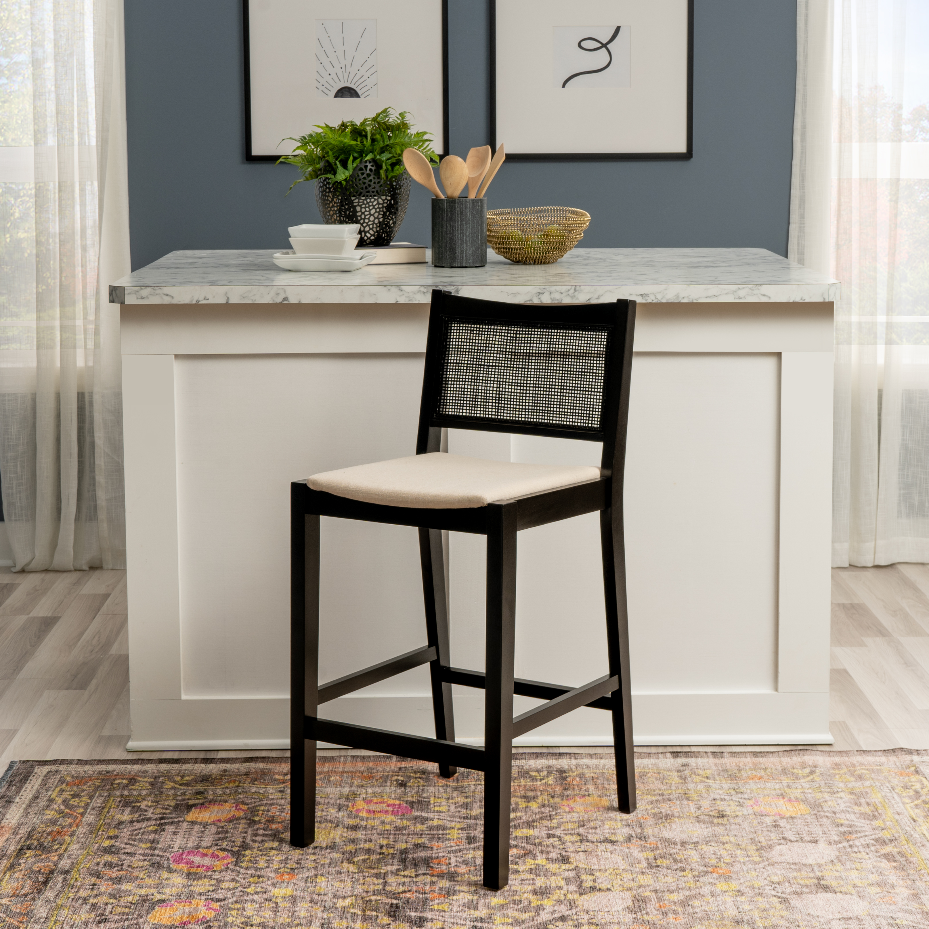 Powell Bilberry 29" Indoor Low Cane-Back Wood Barstool, Set of 2, Black/Natural/Beige
