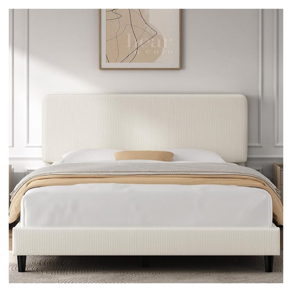 Queen Bed Frame with Adjustable Chenille Headboard, Beige Upholstered Platform Bed, Supports 800 Lbs, Easy Assembly