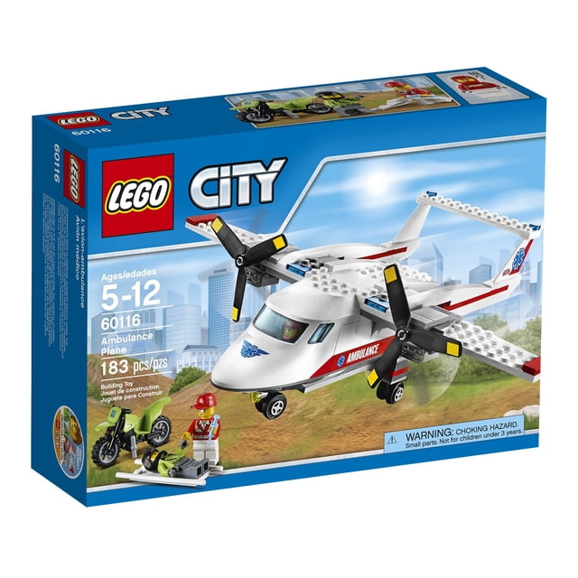 lego city ambulance plane 60116 — vista frontal de avión ambulancia LEGO City blanco con franja roja, dos hélices negras, tren de aterrizaje desplegado y cabina visible; incluye minifigura paramédico, motocicleta y camilla; 183 piezas y caja ilustrada.