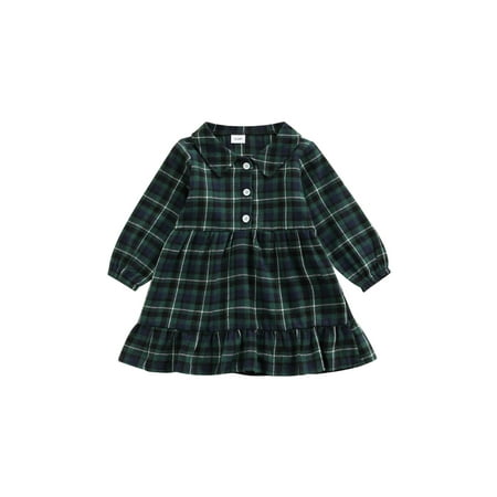 

Canrulo Toddler Baby Girls Christmas Buffalo Plaid Dress Long Sleeve Lapel Ruffle Flannel Shirt Dress Xmas Clothes Green 18-24 Months