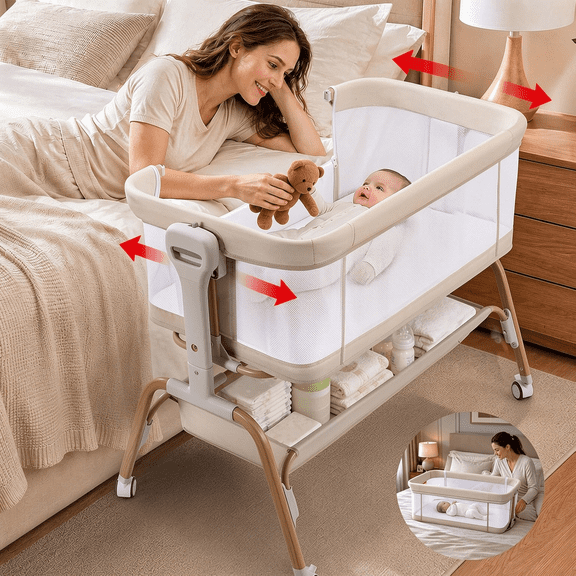 suihuooo 4-in-1 Baby Bassinet Bedside Sleeper with Rocking Mode 8 Adjustable Heights Storage Basket and Wheels,Beige