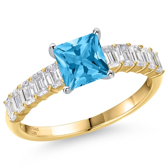 Gem Stone King 14K Two Tone Gold Swiss Blue Topaz and Lab Grown Diamond Engagement Ring for Women | 2.36 Cttw | Princess 6MM | Gemstone November Birthstone | Size 8