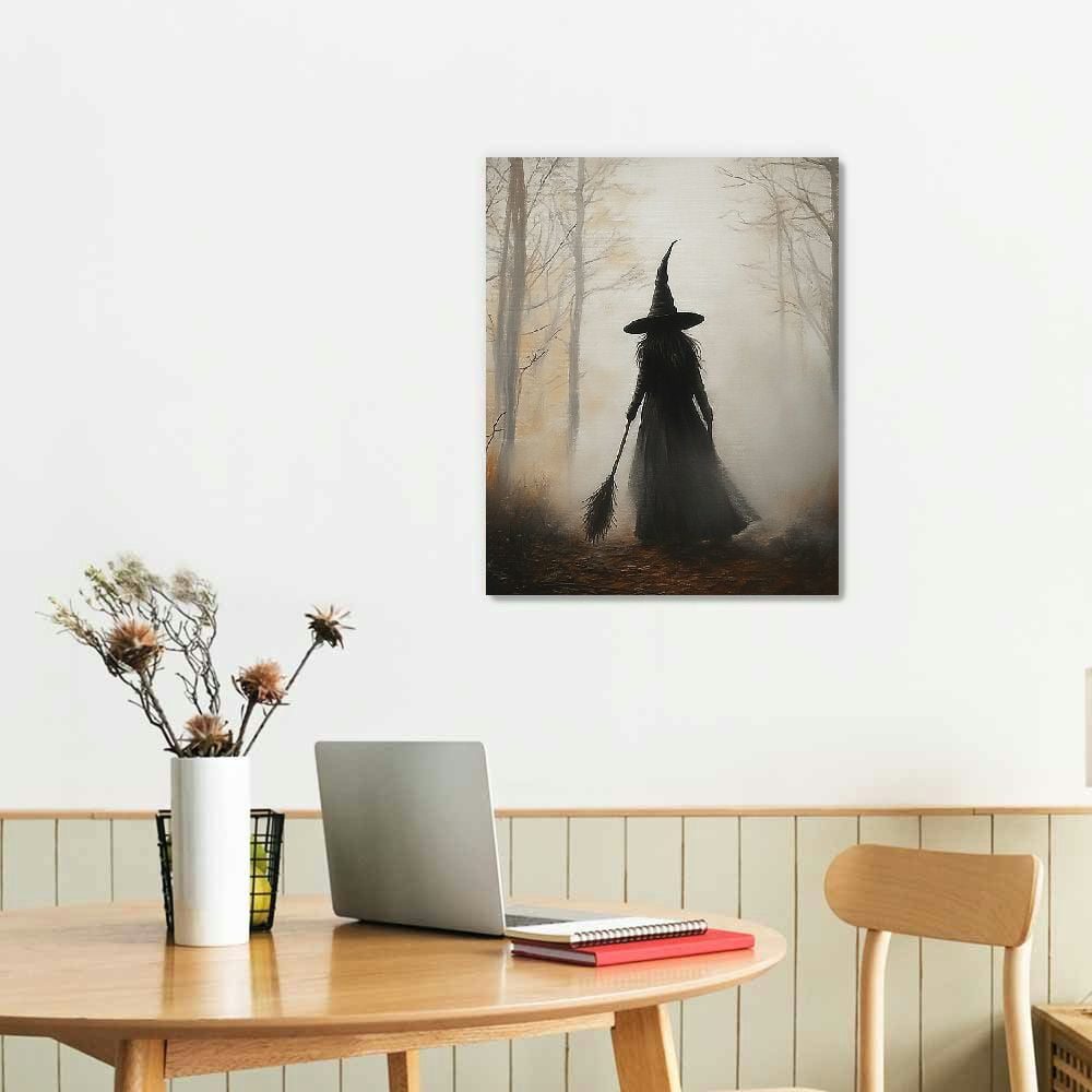 JRXY Vintage Rustic Witch Posters Halloween Canvas Wall Art Witch in The Forest Painting Prints Goth Dark Moody Wall Decor for Living Room Bedroom Home Office Wall Decor 16x20 in