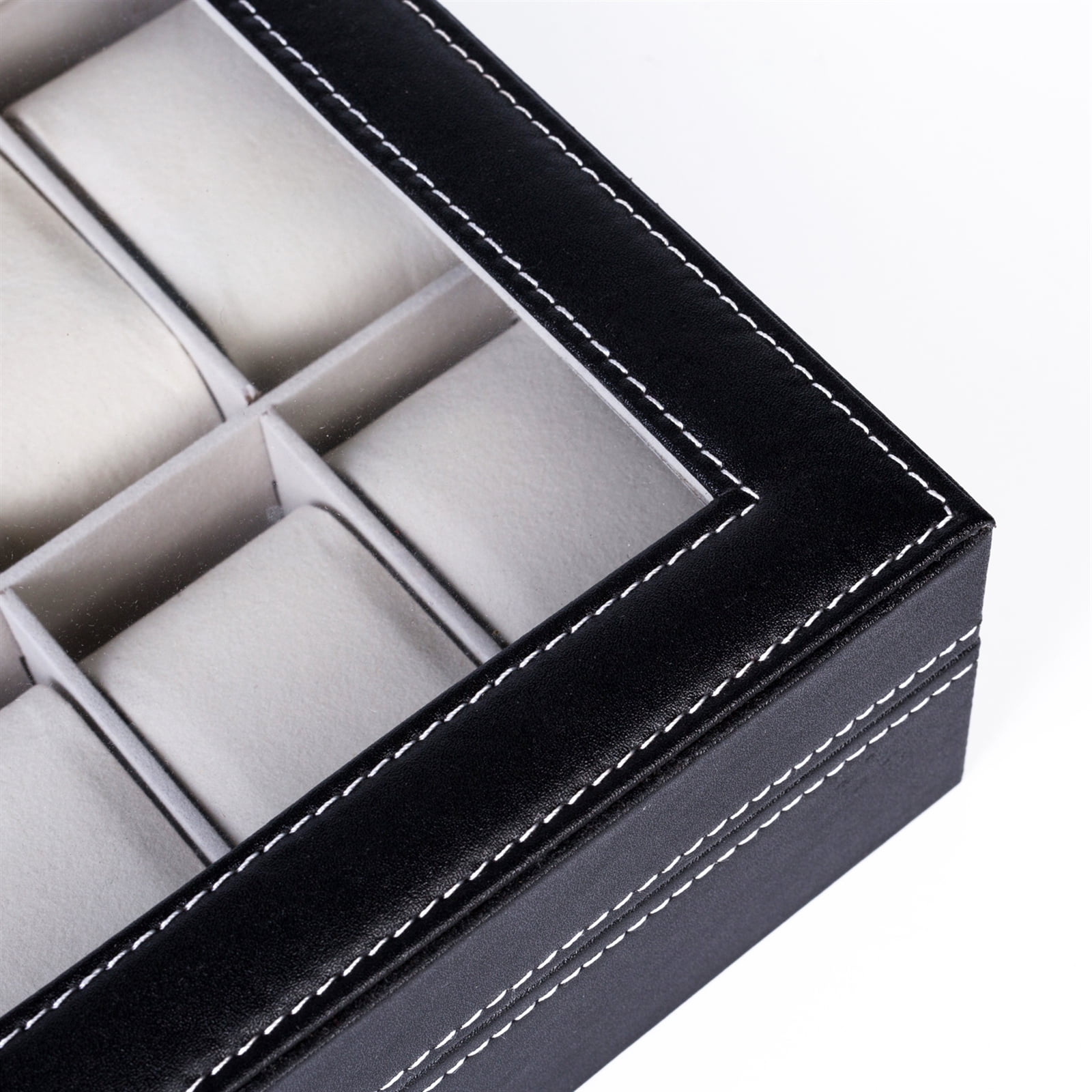 12 Compartments Leather Watch Box Top-Opening Watch Storage Case Portable Watch Organizer Black
