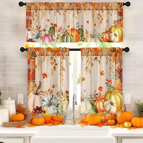 AUQ 2026 New Fall Buffalo Plaid Kitchen Window Curtains&Valances Set 36 Inch,Rustic Maple Leaves Pumpkins Farmhouse Short Tier Curtain for Cafe Living Room Bathroom,Autumn 3 Pieces Set Kitchen Decor