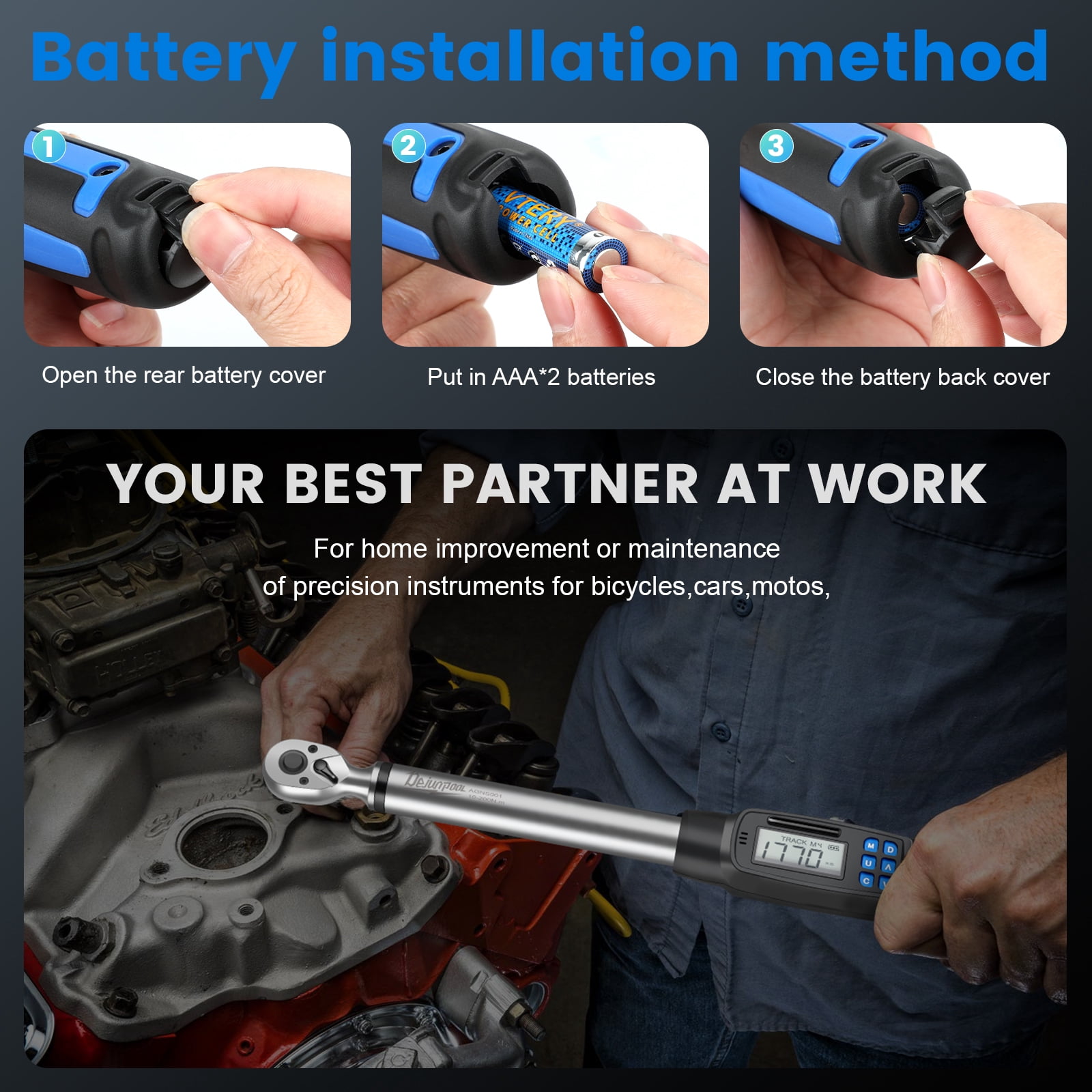 Digital Display Torque Wrench 1/2 inch 10-200NM with 5/16 inch,7/20 inch,3/8 inch,7/16 inch,16/32 inch Adapter