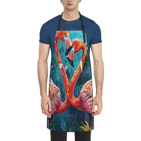 

Qekee Romantic Flamingo Pair Print Waterproof Apron with Pockets Adjustable Cooking Aprons Kitchen Bib for Baking Household Cleaning