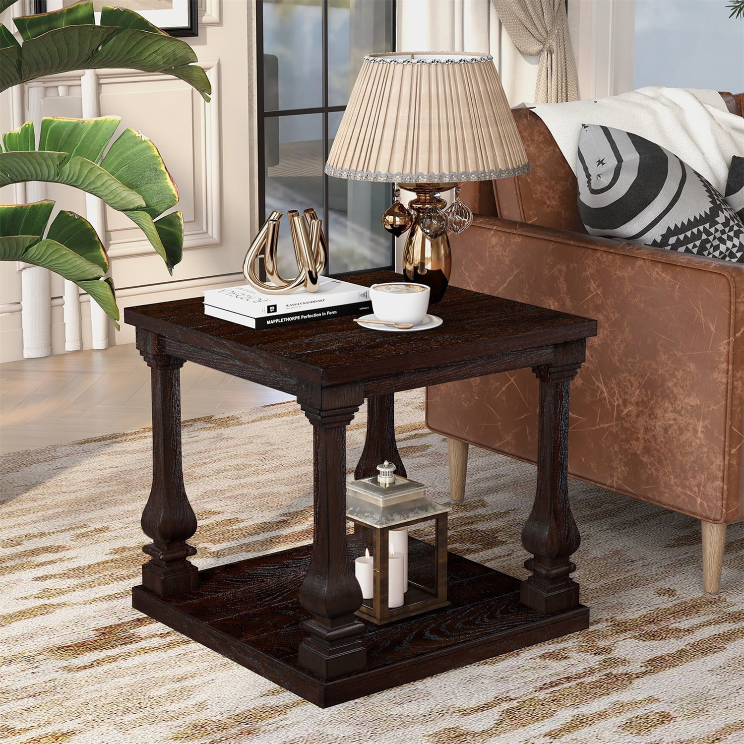 Hommoo 24.8" Farmhouse Wooden End Table with Storage Shelf, Vintage Square Side Table with Carved Legs for Living Room, Bedroom & Entryway, Espresso
