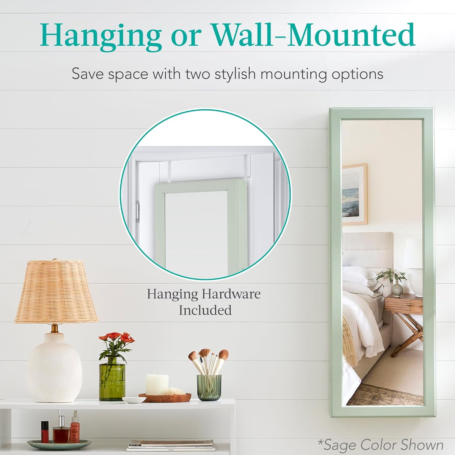 JIANYI LED Mirror Jewelry Cabinet, Tall Lockable Wall or Door Mounted Jewelry Armoire Organizer with Mirror, 2 Drawers, Lock, Cosmetic Tray, Shelves - White