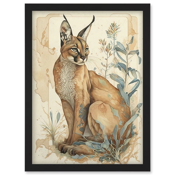 Caracal Cat with Teal Plants Modern Pastel Watercolour Illustration Artwork Framed Wall Art Print A4