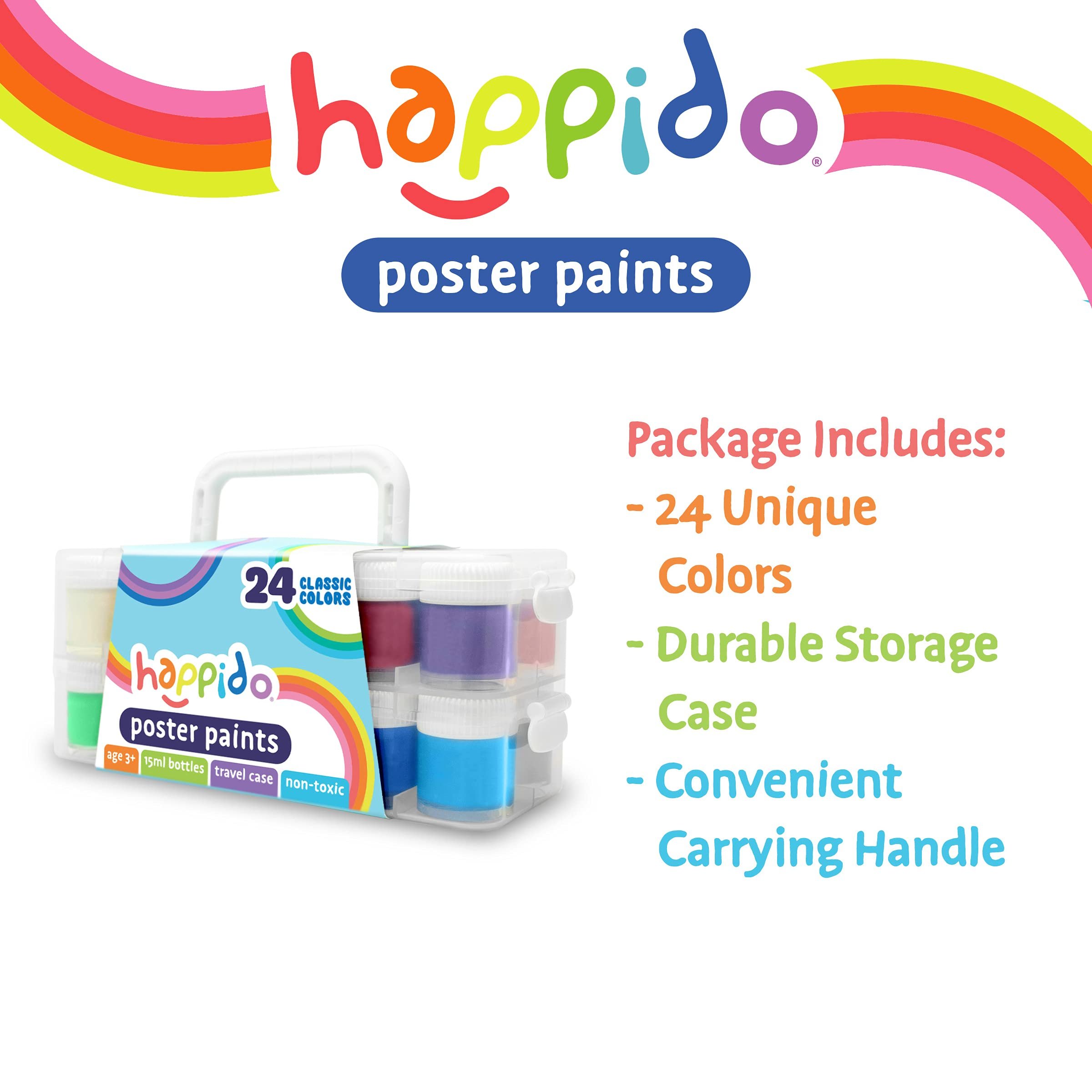 Happido Poster Paints, 24 Classic Colors - Non-Toxic Brightly Colored 15 ml Paint Bottles, Great for Craft Projects and Coloring, Comes with Carry and Storage Case, Art Supplies for Kids of All Ages