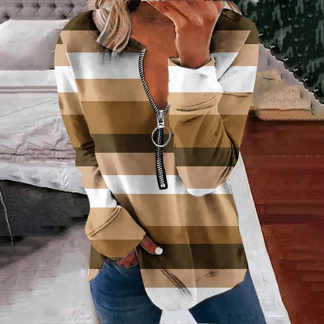 2023 Chandail en Molleton de Mode pour Femmes 50 % de Rabais Liquidation Hauts pour Femmes Automne Manches Longues Chandail Ample Chemise Habillée Décontractée Dames Chandails en Molleton à Rayures Col Rond