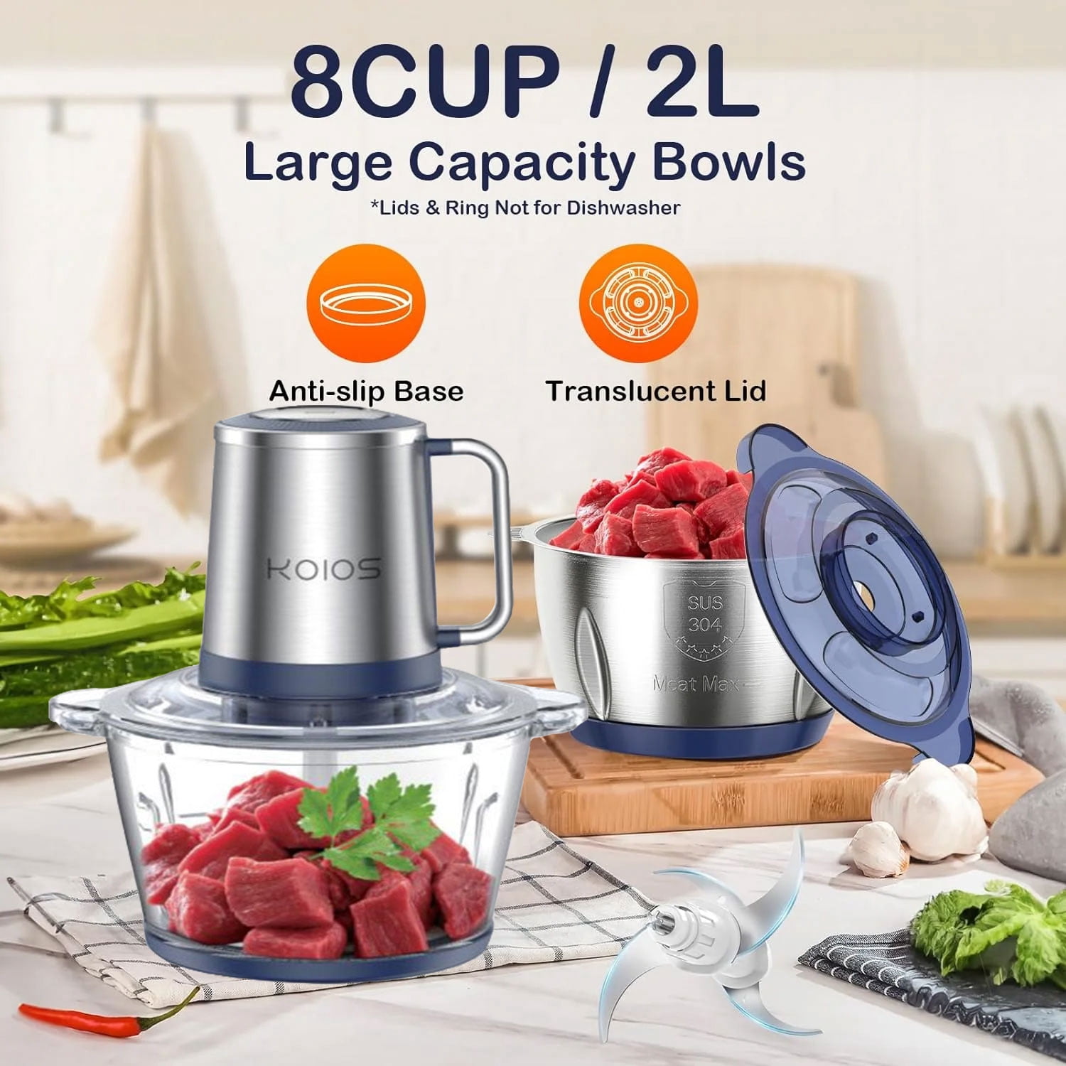 Food Processor, 500W Electric Meat Grinder Food Chopper with 8 Cup Bowls & 1 Bi-Level Blades, 2 Speed Kitchen Cutter for Vegetable, Onion, Garlic, Meat, Nuts, and Baby Food, Blue