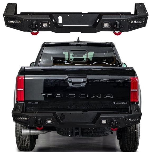 Vijay Replacement for 2024-2025-2026 Toyota Tacoma Rear Bumper Textured Black Steel with Lights and D-rings