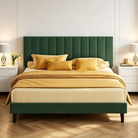 TEQIN Bed Frame Velvet Upholstered Platform Bed with Adjustable Headboard Velvet Platform Bedframe Mattress Foundation Strong Wood Slat Support No Box Spring Needed