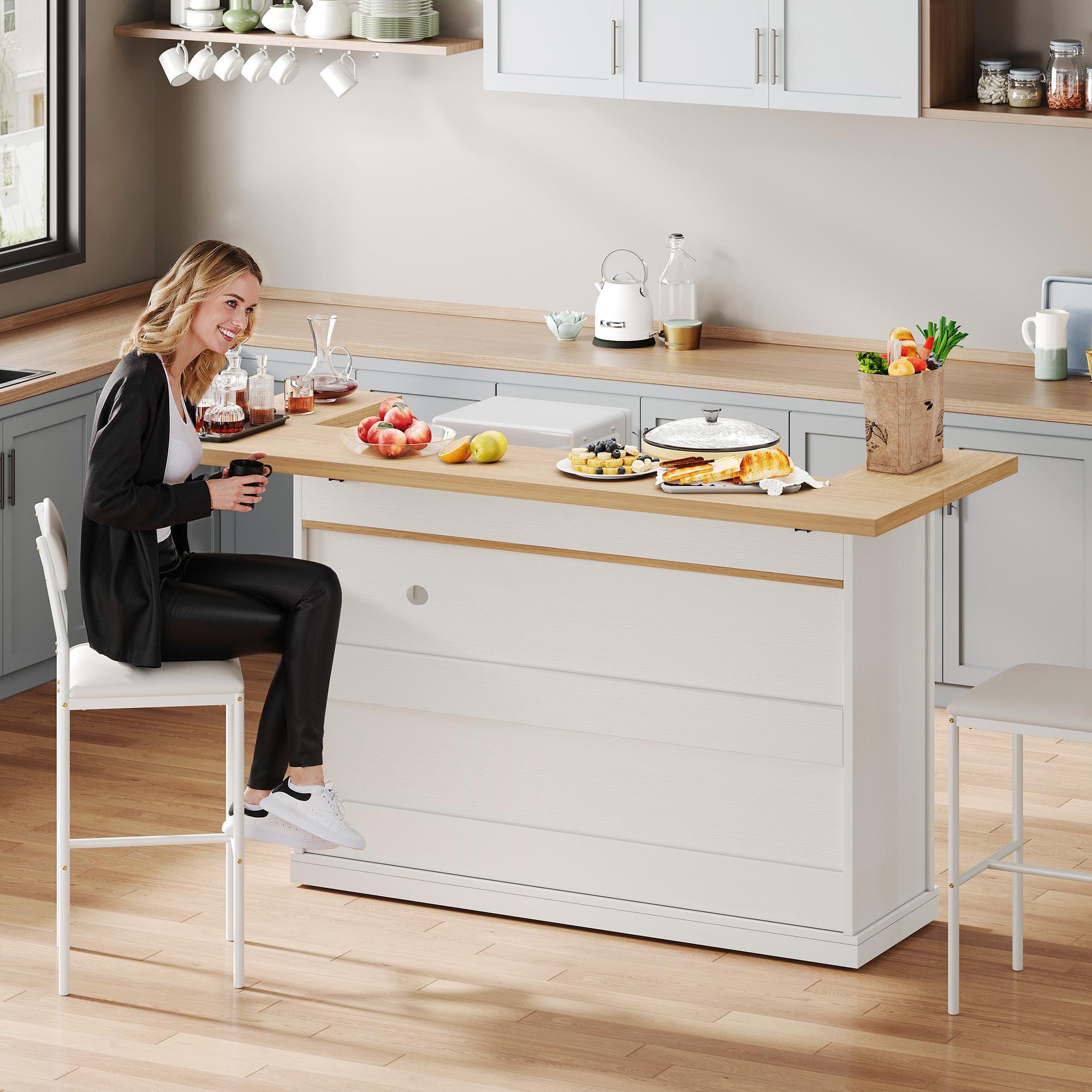 Homiflex 55" Kitchen Island with Storage, Lrage Island cart with wheels, White