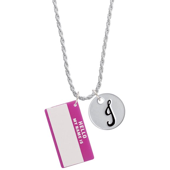 Delight Jewelry Acrylic Pink "Hello" Name Tag Silvertone Script Initial Disc - J - Charm Necklace, 20"+3"