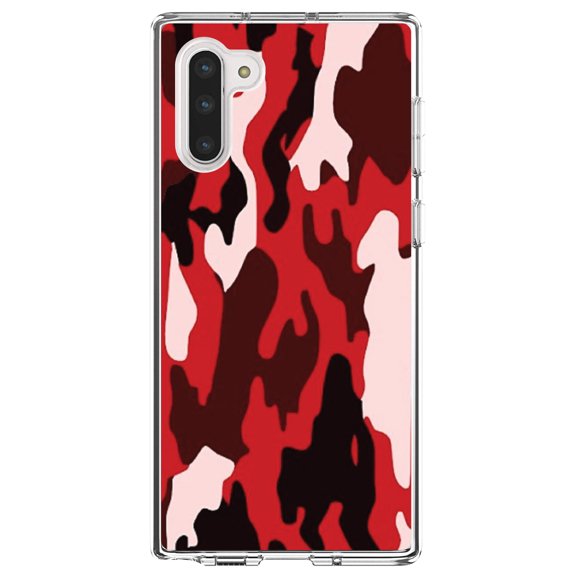 DistinctInk Clear Shockproof Hybrid Case for Samsung Galaxy Note 10 (6.3" Screen) - TPU Bumper, Acrylic Back, Tempered Glass Screen Protector - Red Black Camouflage - Camouflage Pattern