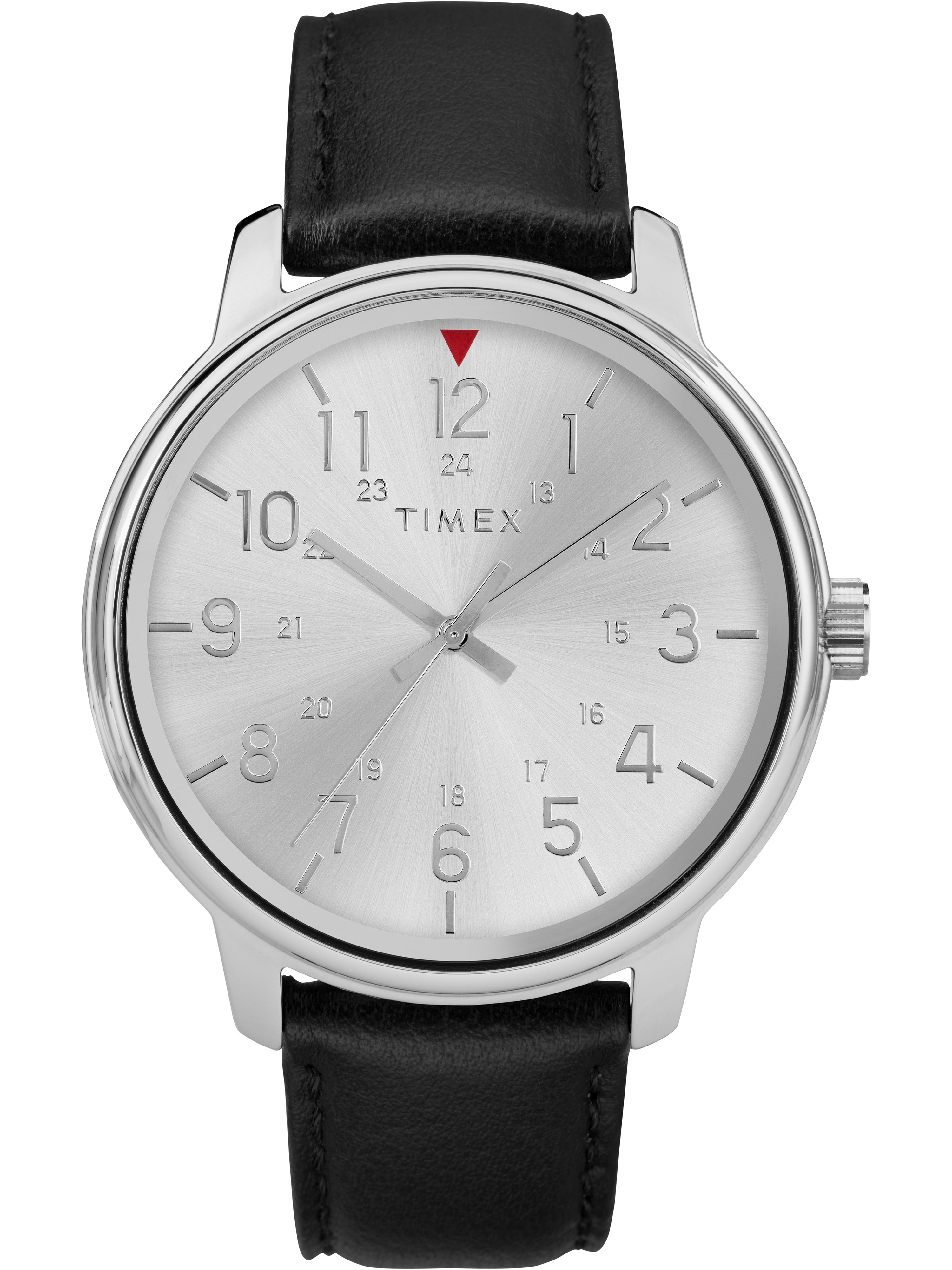 Timex Men's Silver-Tone Watch, 43mm Case, Black Leather Strap